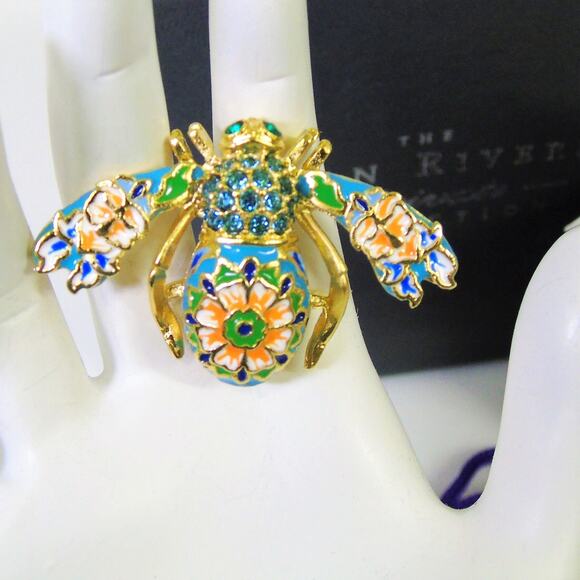New Joan Rivers CLOISONNE BEE PIN Brooch Crystal Rhinestones Enameled Gold Boxed - Picture 1 of 8
